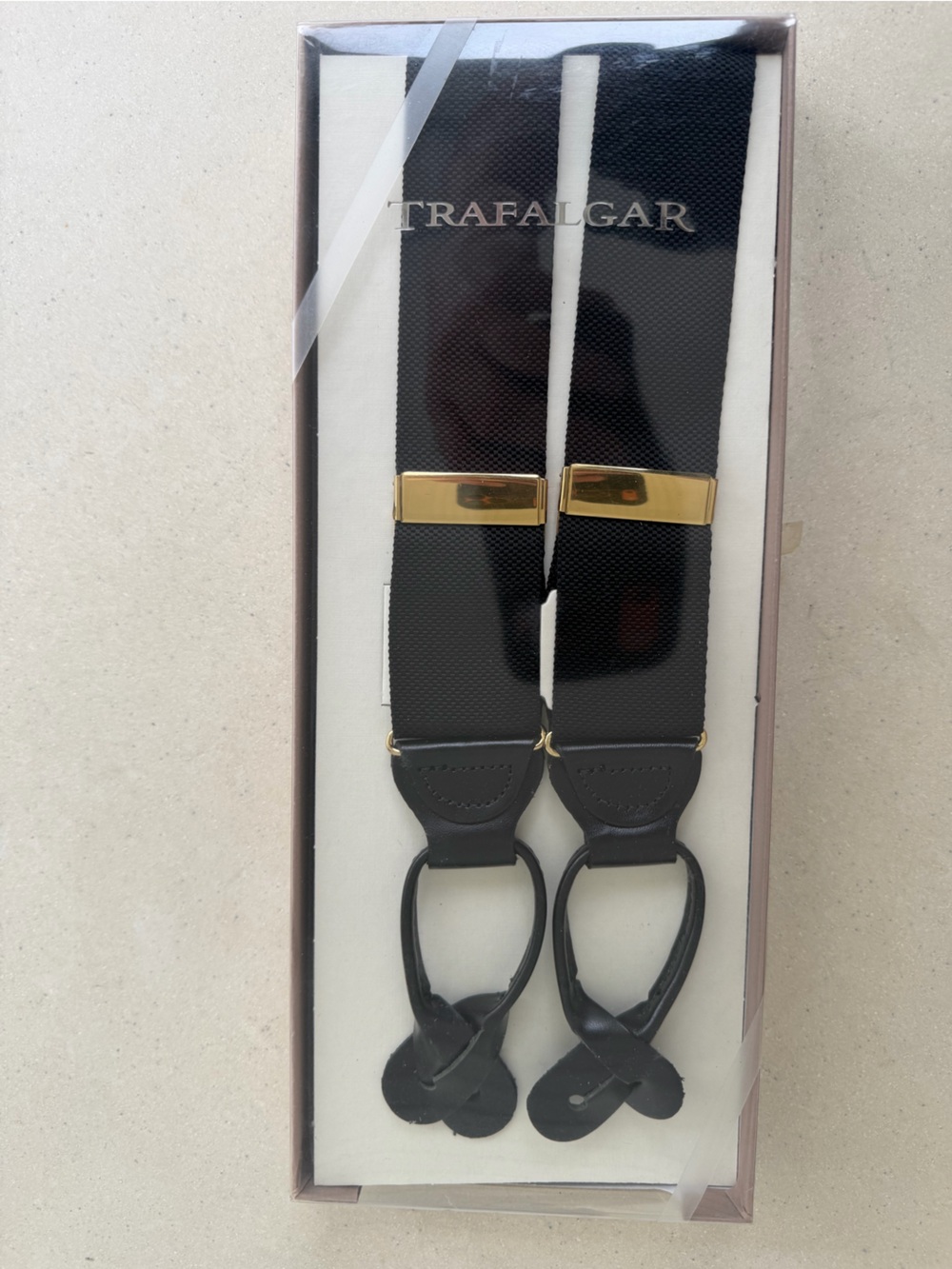 NIB Trafalgar Black Suspenders Gold Hardware